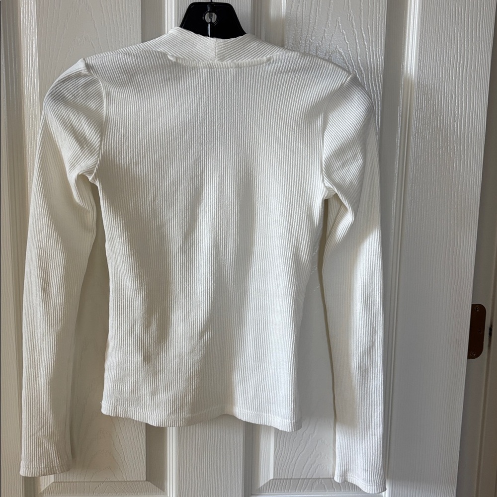 Zara Off-White Ribbed Deep V Long Sleeve Top - Picture 5 of 9